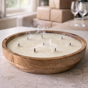 Large Wooden Dough Bowl Candle – Hand Poured Multi-Wick Soy Candle – Rustic Farmhouse Centerpiece Candle – Natural Wood Home Décor Gift image 10