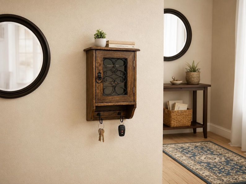 Op de afbeelding: Een houten sleutelhouder voor aan de muur met een glazen deur en decoratief metaalwerk. De sleutelhouder heeft een klein plankje met een plant en boeken. Hieronder haken met sleutels en een autosleutel. Twee ronde zwarte spiegels zijn zichtbaar.