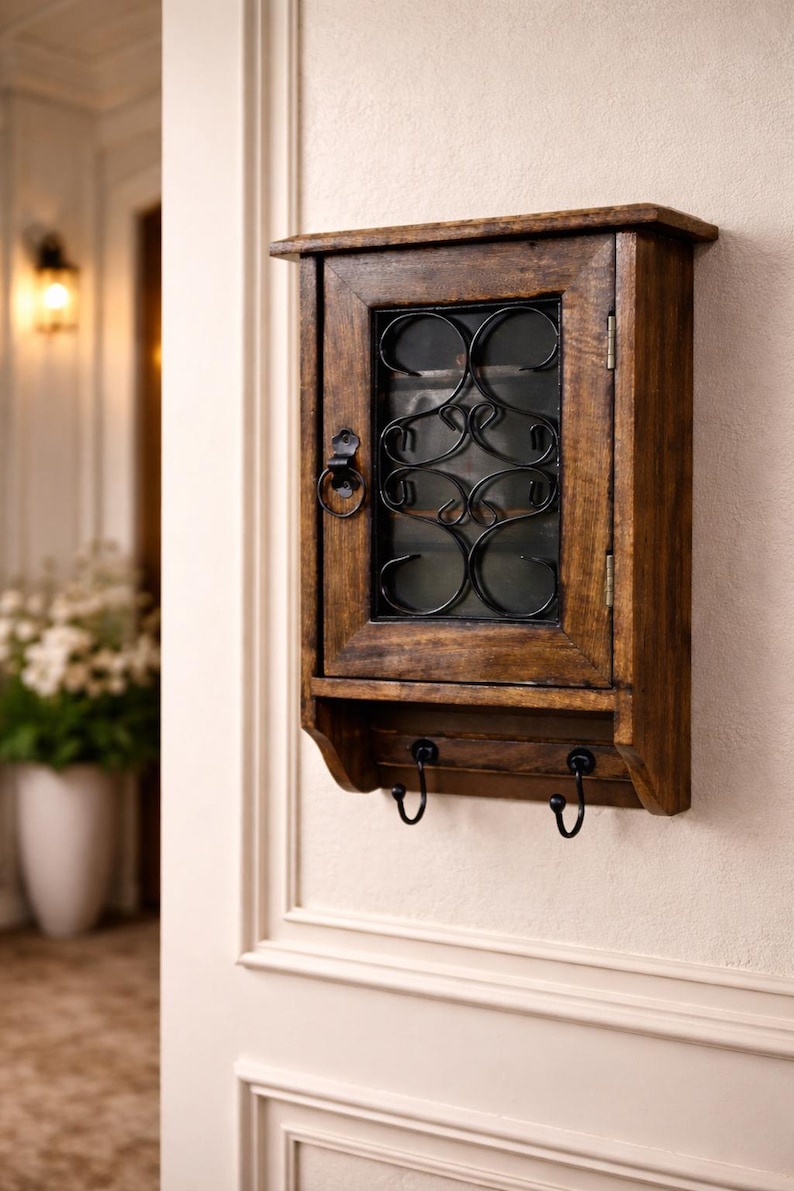 Op de afbeelding: Een houten sleutelkastje met een donkere afwerking, met een glazen deur met decoratief zwart metalen krulwerk. Onder het kastje bevinden zich twee zwarte haken. Het kastje is aan een lichtgekleurde muur bevestigd.