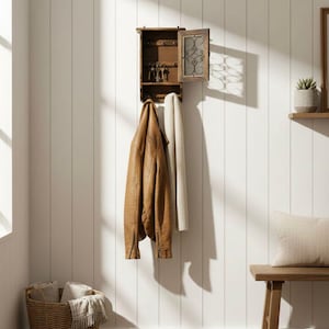 Op de afbeelding: Een houten sleutel- en jassenrek aan de muur met een bruine leren jas en een cr&egrave;mekleurige sjaal. Een gevlochten mand met opgerolde handdoeken staat eronder. De muur is wit met verticale houten panelen.