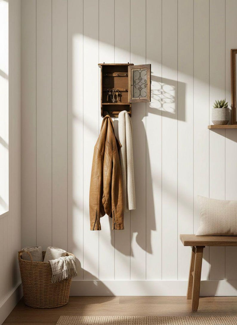 Op de afbeelding: Een houten sleutel- en jassenrek aan de muur met een bruine leren jas en een cr&egrave;mekleurige sjaal. Een gevlochten mand met opgerolde handdoeken staat eronder. De muur is wit met verticale houten panelen.