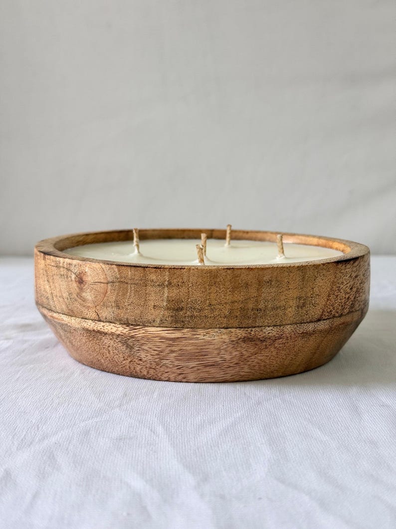 Large Wooden Dough Bowl Candle – Hand Poured Multi-Wick Soy Candle – Rustic Farmhouse Centerpiece Candle – Natural Wood Home Décor Gift image 15