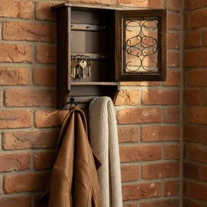 Op de afbeelding: Een donkerbruine houten sleutelhouder met een decoratief metalen raam, gemonteerd op een bakstenen muur. Een leren jas en een cr&egrave;mekleurige sjaal hangen eronder. Sleutels zijn zichtbaar in de sleutelhouder.