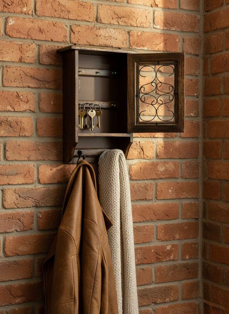 Op de afbeelding: Een donkerbruine houten sleutelhouder met een decoratief metalen raam, gemonteerd op een bakstenen muur. Een leren jas en een cr&egrave;mekleurige sjaal hangen eronder. Sleutels zijn zichtbaar in de sleutelhouder.