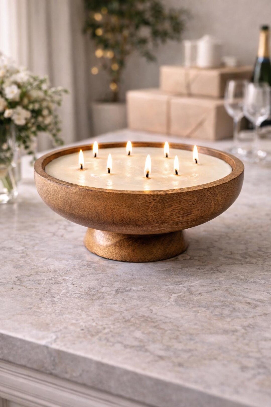 Rustic Wooden Bowl Candle • Multi Wick Soy Candle • Footed Rustic Candle Centerpiece • Large Wood Candle Bowl • Housewarming Gift Decor - Amber Pachouli, Set of 2