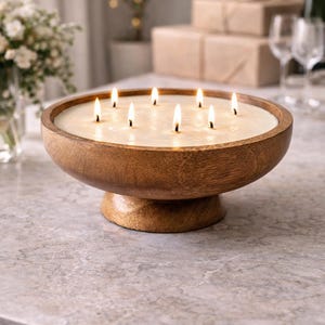 Bougie bol en bois rustique • Bougie de soja à mèches multiples • Pièce maîtresse de bougie rustique sur pied • Grand bol à bougie en bois • Décoration de cadeau de pendaison de crémaillère
