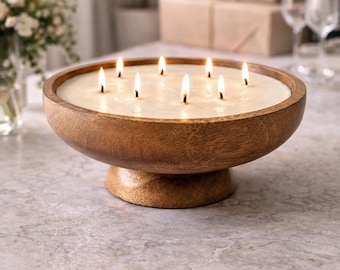 Rustic Wooden Bowl Candle • Multi Wick Soy Candle • Footed Rustic Candle Centerpiece • Large Wood Candle Bowl • Housewarming Gift Decor