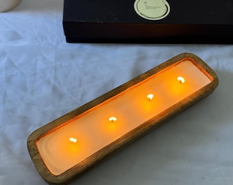 Wooden Dough Bowl Candle – Hand Poured Soy Wax Candle Rustic Table – Farmhouse Home Decor – Multi Wick Candle – Housewarming Gift