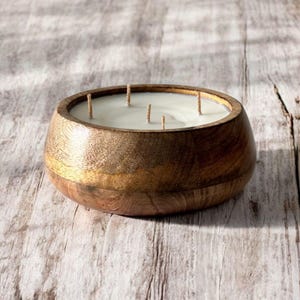 Large Wooden Bowl Candle – Hand Poured Multi-Wick Soy Candle – Rustic Farmhouse Decor – Natural Wood Centerpiece Candle – Boho