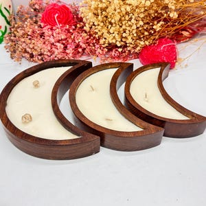 Crescent Moon Candle Set: Hand-Poured Soy Wax in Sheesham Wood Bowl