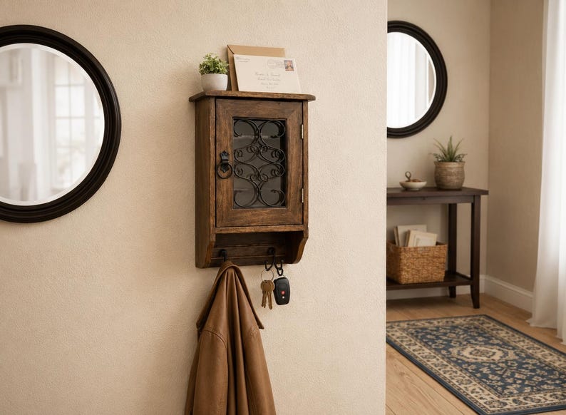 Op de afbeelding: Een rustieke houten wandkast met een glazen deur en decoratief ijzerwerk. Daaronder een plank met sleutels en een bruine leren jas. Een kleine plant en post liggen bovenop. Een ronde spiegel staat links.