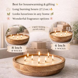 Large Wooden Dough Bowl Candle – Hand Poured Multi-Wick Soy Candle – Rustic Farmhouse Centerpiece Candle – Natural Wood Home Décor Gift Set of both sizes
