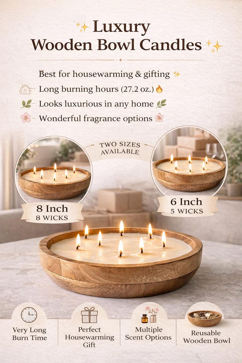 Large Wooden Dough Bowl Candle – Hand Poured Multi-Wick Soy Candle – Rustic Farmhouse Centerpiece Candle – Natural Wood Home Décor Gift Set of both sizes