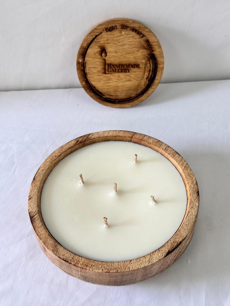 Large Wooden Dough Bowl Candle – Hand Poured Multi-Wick Soy Candle – Rustic Farmhouse Centerpiece Candle – Natural Wood Home Décor Gift image 11