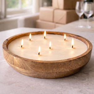 Large Wooden Dough Bowl Candle – Hand Poured Multi-Wick Soy Candle – Rustic Farmhouse Centerpiece Candle – Natural Wood Home Décor Gift image 3