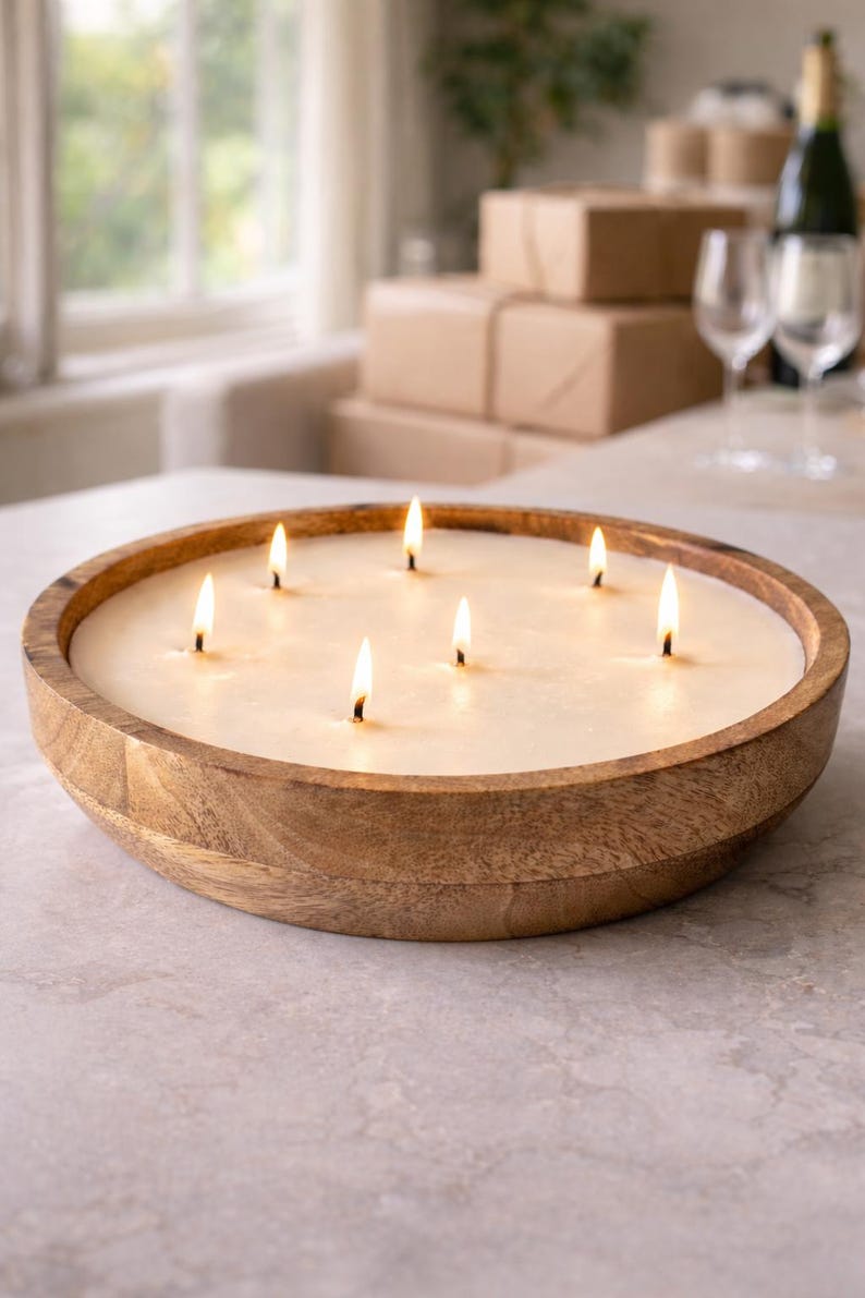 Large Wooden Dough Bowl Candle – Hand Poured Multi-Wick Soy Candle – Rustic Farmhouse Centerpiece Candle – Natural Wood Home Décor Gift image 3