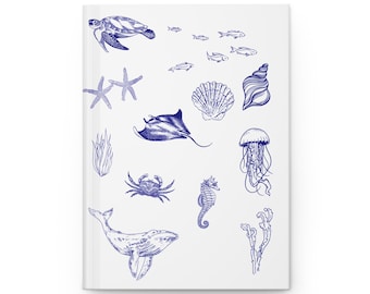 Cuaderno de tapa dura con temática oceánica: cuaderno náutico de vida marina