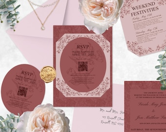 Burgundy Floral Wedding Invitation Suite – Canva Template (Printable)
