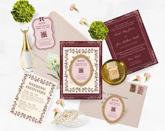 Die Romantische Burgund Kollektion - Hochzeitseinladungs-Vorlage | Canva Bearbeitbar | Druckbare Blumen einladen | Personalisiertes quadratisches quadratisches quadratisches Briefpapier