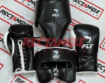 Personalized Fly Boxing Sparring Set Gloves Head Guard & Groin Guards Complete Kit