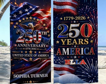 Personalized America 250th Anniversary Beach Towel, Custom Name Patriotic USA Flag Towel, Independence Day Gift, Summer Pool Beach Towel