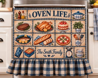 Personalized Oven Door Curtain, Custom Family Name Oven Cover, Vintage Farmhouse Kitchen Decor, Ruffle Oven Towel, Kitchen Gift for Mom