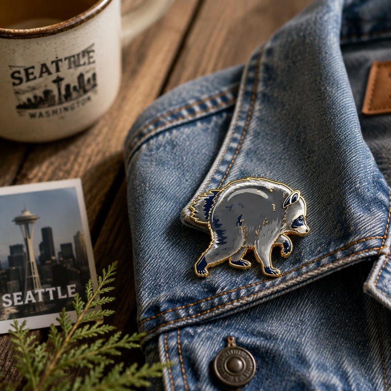 May include: A metal enamel pin shaped like a raccoon in a hunched, walking pose. The raccoon is colored in shades of grey, white, and dark blue with gold-toned metal outlines. The pin is attached to the collar of a blue denim jacket.