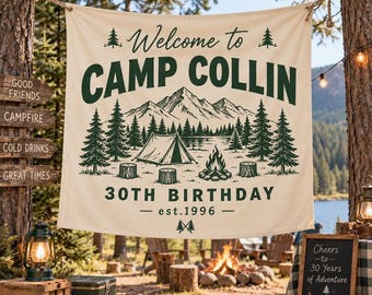 Personalized Camping Birthday Banner, Custom Camp Birthday Tapestry, Outdoor Adventure Party Backdrop, Forest Camping Birthday Decor