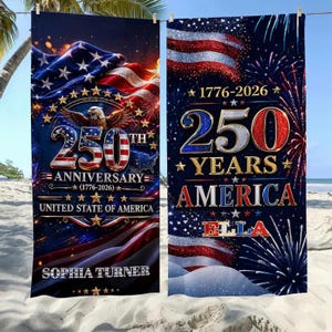 Personalized America 250th Anniversary Beach Towel, Custom Name Patriotic USA Flag Towel, Independence Day Gift, Summer Pool Beach Towel