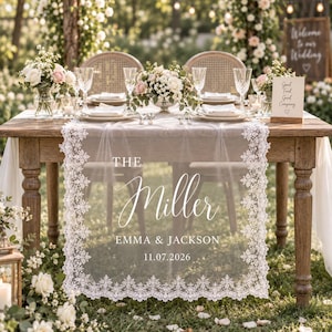 May include: A white lace table runner draped over a wooden table, featuring the printed text THE Miller EMMA & JACKSON 11.07.2026. The runner has intricate floral lace borders and a sheer center, set in an outdoor wedding arrangement.