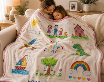 Custom Kids Drawing Blanket, Personalized Child Artwork Blanket, Kids Art Keepsake, Custom Drawing Throw, Gift for Mom Dad Grandma