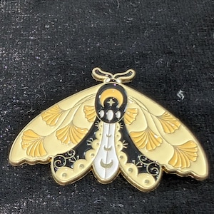 Moon Moth Enamel Pin, Yellow Winged Insect Pin with Crescent Moon, Celestial Nature Jewelry Gift