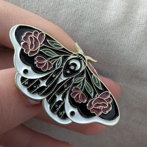 White Moth Enamel Pin, flower Winged Insect Pin, Celestial Nature Jewelry Gift