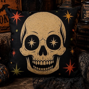 Retro Star Skull Indoor Outdoor Pillow | Mid-Century Halloween Skull Decorative Cushion image 1