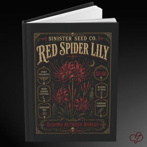 May include: A black journal with the text "SINISTER SEED CO. RED SPIDER LILY" in gold lettering. The cover features a detailed illustration of red spider lilies and additional text including "BLOOMS BETWEEN WORLDS".
