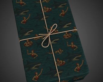 Vintage Shark Attack Swimming Wrapping Paper Spooky Ocean Horror Retro Macabre