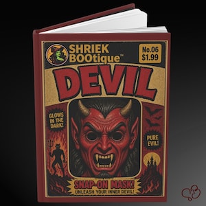 May include: A red and gold book cover with the word "DEVIL" in large red letters. The cover features a red devil face, the text "SHRIEK BOOTIQUE", and the phrase "SNAP-ON MASK!" The book is open, revealing white pages.