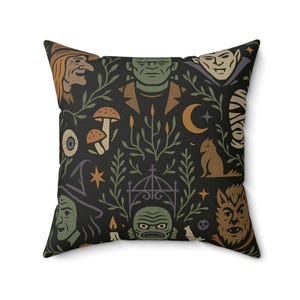 Halloween-Inspired Spun Polyester Pillow Gothic Cushion, Spooky Season, Halloween Monsters Throw Pillow Vintage Horror Folk Art Cushion