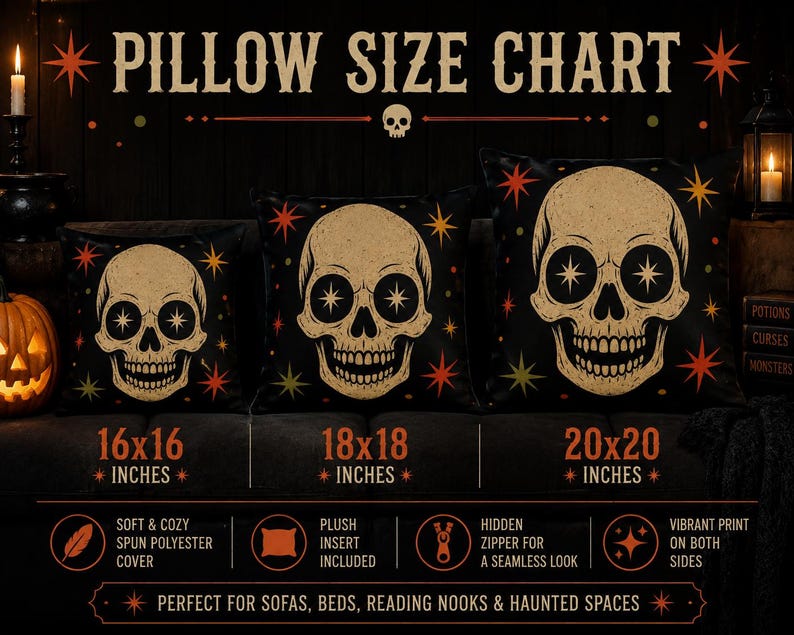 Retro Star Skull Indoor Outdoor Pillow | Mid-Century Halloween Skull Decorative Cushion image 3