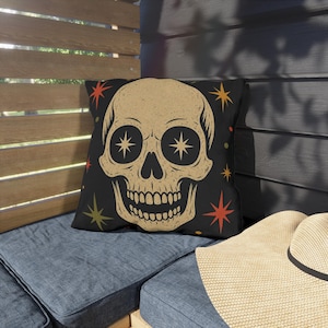 Retro Star Skull Indoor Outdoor Pillow | Mid-Century Halloween Skull Decorative Cushion image 4
