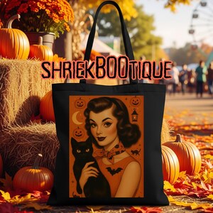 Vintage Halloween Cotton Canvas Bag, Retro Tote, Trick or Treat Bag, Spooky Pin-Up Girl Halloween Tote,  Retro Black Cat Glam