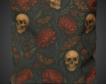 Dark Botanical Skull Tote Bag: Gothic Floral, Moths, Moody Macabre Design