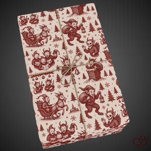 May include: Wrapped gift with festive red and white patterned paper. The design features illustrations of Krampus-like figures, sleighs, lanterns, and trees. Tied with twine, the gift is ready for the holidays.