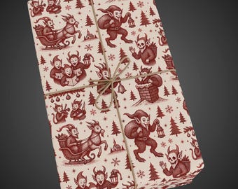 Vintage Krampus Wrapping Paper Red Ink Mischief Toile Creepmas Gothmas Alt Holiday