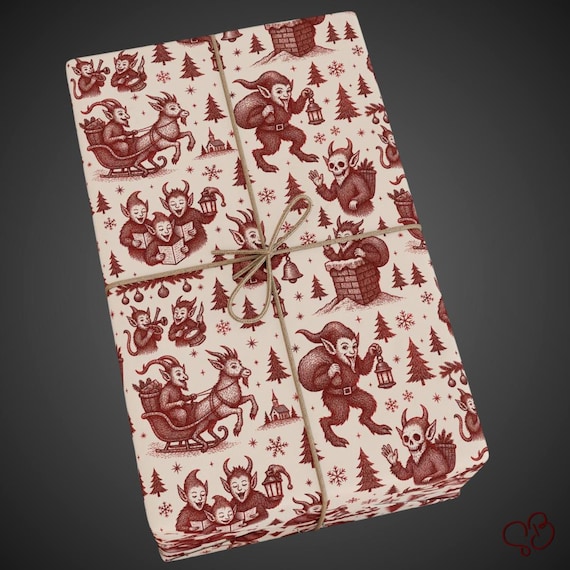 Vintage Krampus Wrapping Paper Red Ink Mischief Toile Creepmas Gothmas Alt Holiday