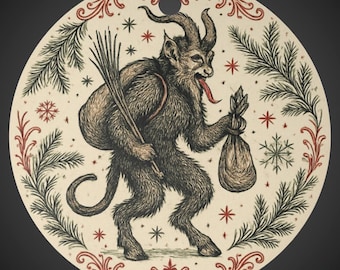 May include: Round Christmas ornament featuring a Krampus illustration. The image shows a horned, furry creature with a long tongue, carrying a bundle and a bundle of sticks. The ornament has a red ribbon for hanging and is decorated with snowflakes and pine branches.