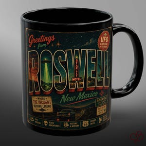 Roswell UFO Coffee Mug, Vintage Alien Travel Art, Retro New Mexico Cryptid Cup, Haunted Americana Bild 1