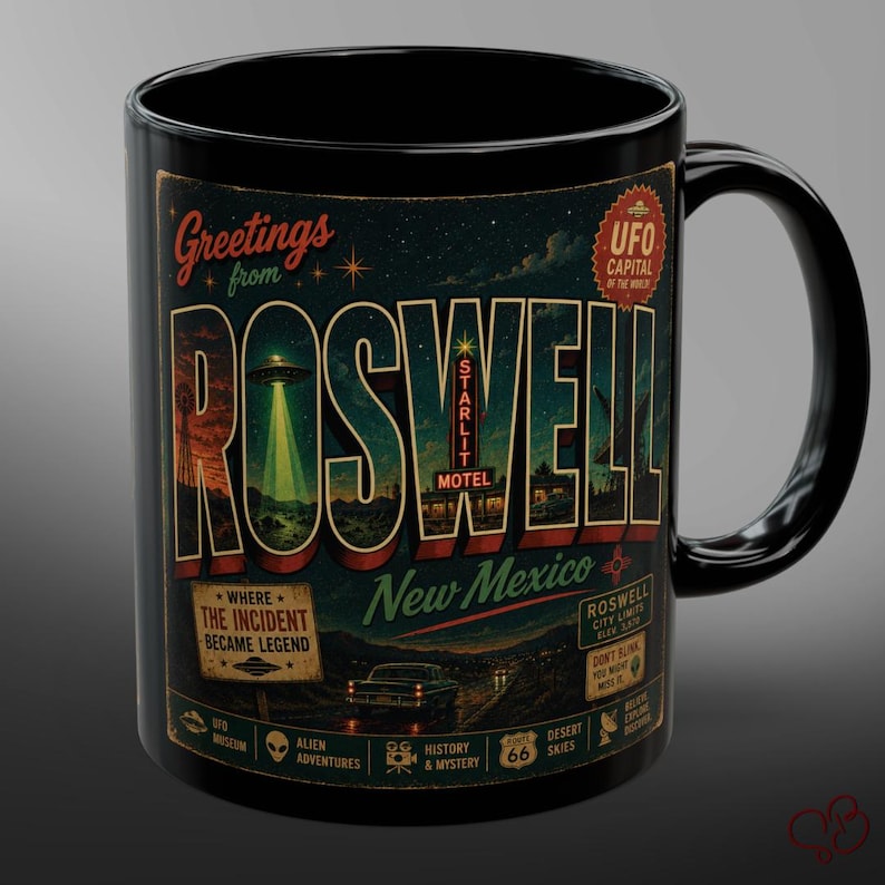 Roswell UFO Coffee Mug, Vintage Alien Travel Art, Retro New Mexico Cryptid Cup, Haunted Americana Bild 1