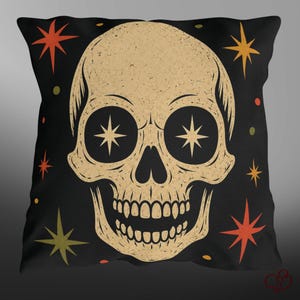 Retro Star Skull Indoor Outdoor Pillow | Mid-Century Halloween Skull Decorative Cushion image 2