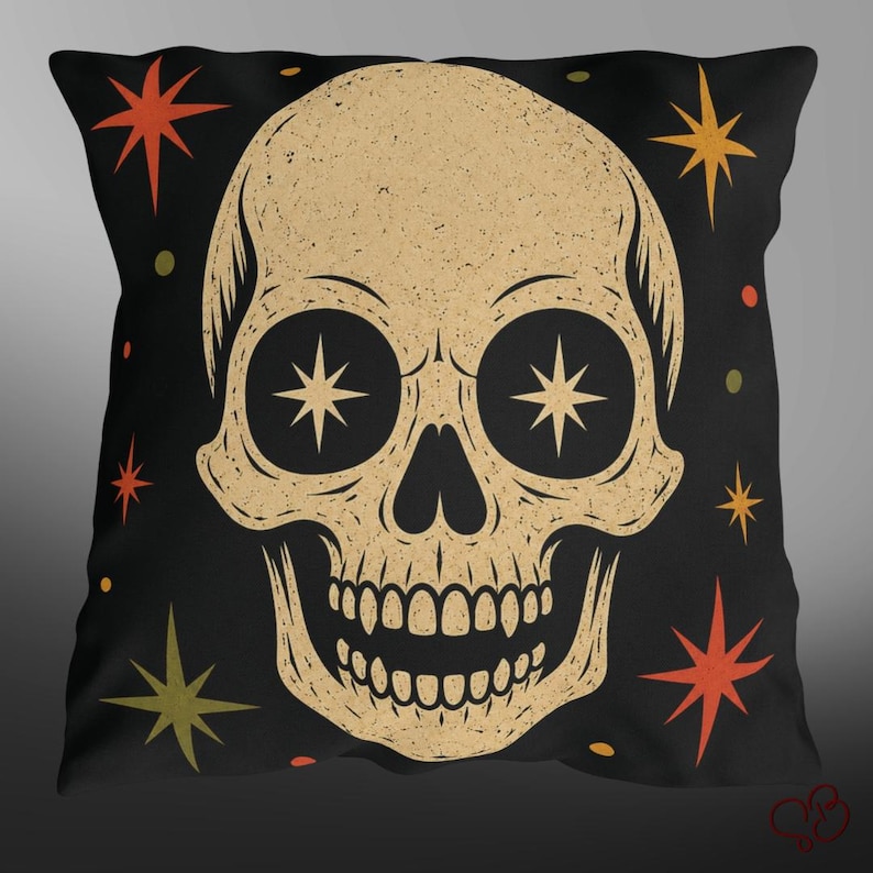 Retro Star Skull Indoor Outdoor Pillow | Mid-Century Halloween Skull Decorative Cushion image 2